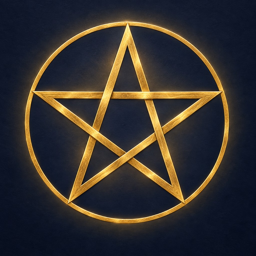 Ilustração de um pentagrama dourado de cinco pontas, com uma ponta para cima, dentro de um círculo.