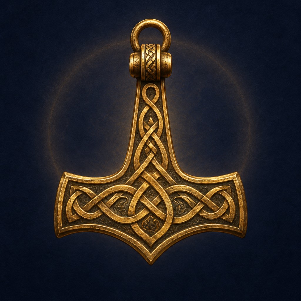 Ilustração de um amuleto nórdico Mjölnir dourado, com cabo curto, cabeça larga e detalhes entrelaçados.
