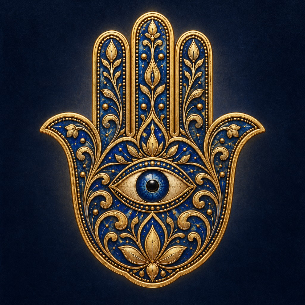 Ilustração de uma Hamsá com cinco dedos, olho na palma e detalhes dourados sobre fundo azul profundo.