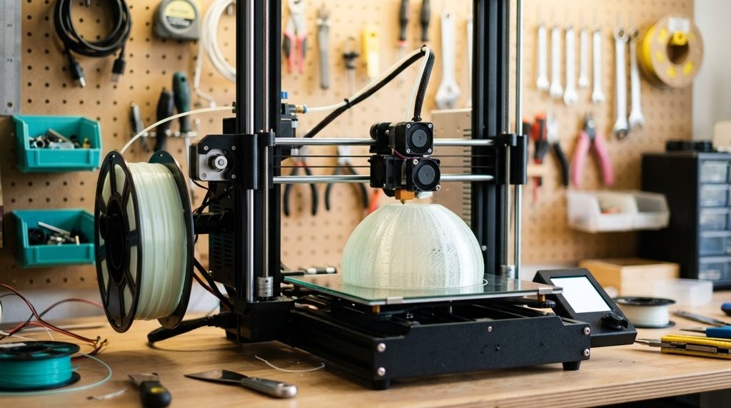 Impressora 3D imprimindo uma cúpula translúcida ao lado de um rolo de filamento claro
