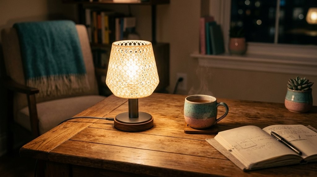 Luminária de cúpula translúcida acesa sobre uma mesa, em ambiente com pouca luz