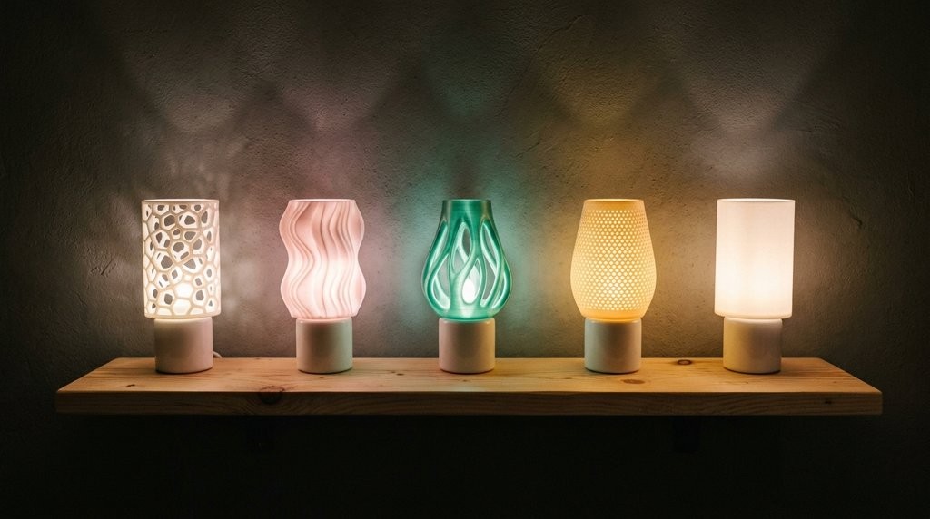 Prateleira com várias luminárias acesas, cada uma com uma cúpula diferente