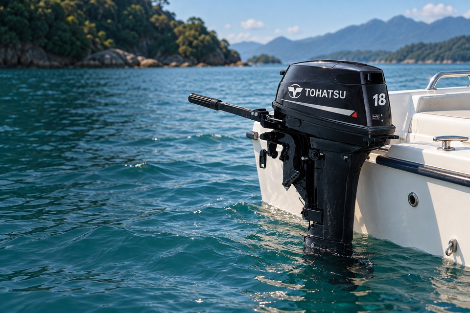 Motor de popa Tohatsu 18 instalado na embarcação