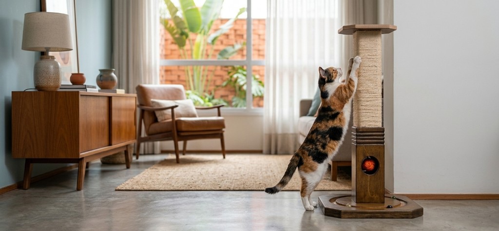 GATO TRICOLOR SE ESTICANDO ENQUANTO AFIA AS UNHA EM UM ARRANHADOR DE MADEIRA