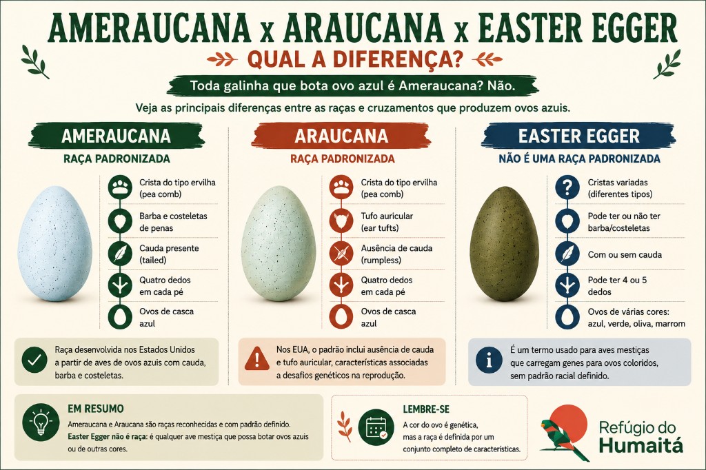 Diferenças entre Ameraucana, Araucana e Easter Egger, galinhas que botam ovos azuis e coloridos