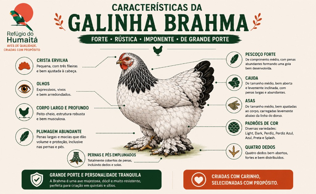 Infográfico com as principais características da galinha Brahma, incluindo grande porte, crista ervilha, corpo largo, plumagem abundante e pernas e pés emplumados.