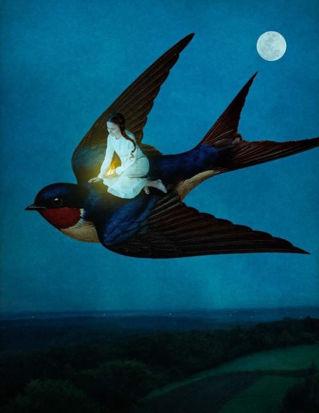 Mujer volando sobre una golondrina bajo la luna
