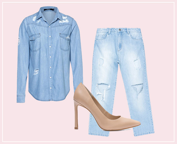Look total jeans com scarpin nude