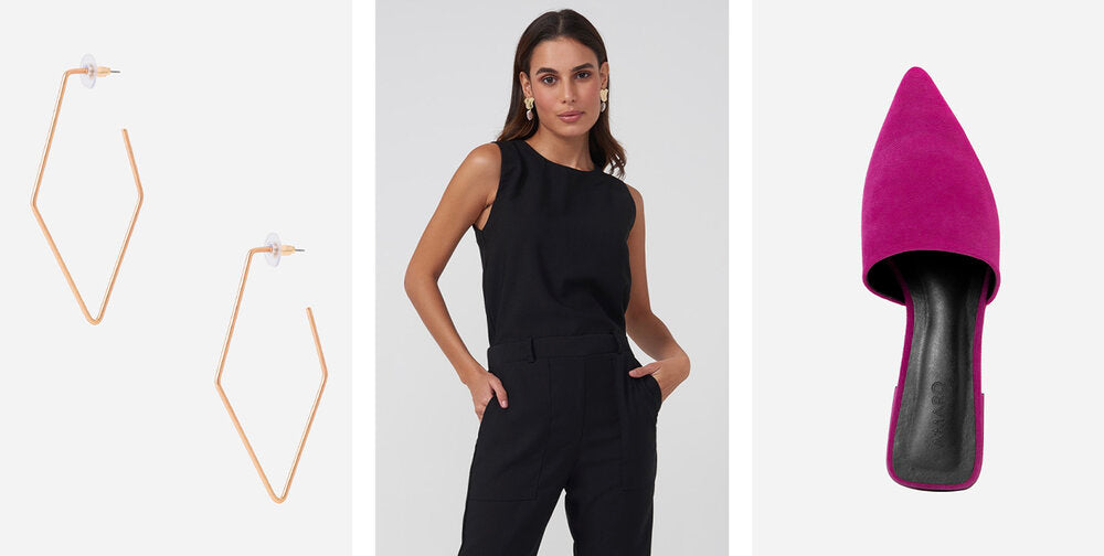 PRODUTOS:  Brinco argola losango ,  Macacão regata slim ,  Sapatilha mule bico fino
