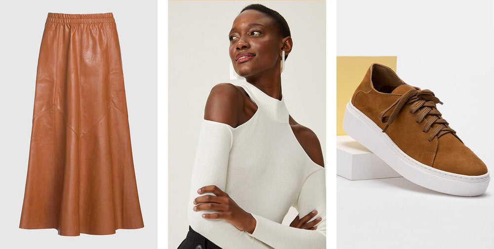 PRODUTOS:  Saia midi statement ,  Blusa ombros gola alta ,  Tênis de couro nobuck