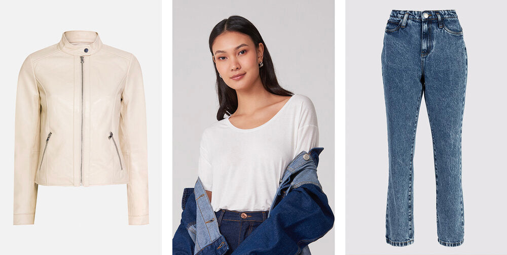 PRODUTOS:  Jaqueta couro pelica ,  Blusa básica U ,  Calça jeans slim passantes deslocados.