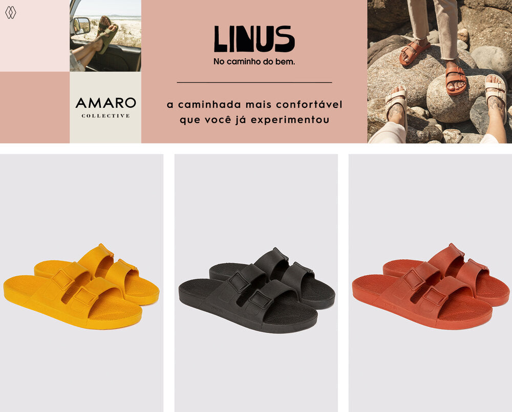 PRODUTOS:  Sandália Linus mostarda ,  Sandália Linus chumbo ,  Sandália Linus laranja queimado.