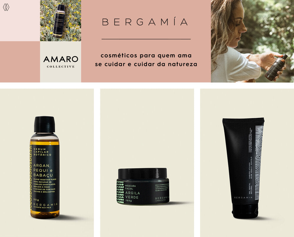 PRODUTOS:  Bergamia sérum capilar botânico de argan pequi e babaçu,   Bergamia máscara facial de argila verde ,  Bergamia gel dental de carvão ativado aloe vera e hortelã.