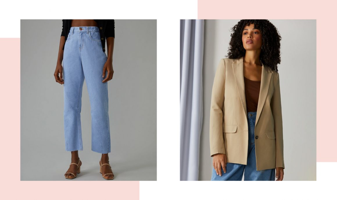 Calça jeans e modelo vestindo blazer bege
