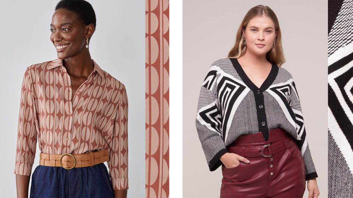 Camisa estampada e casaco tricot geométrico