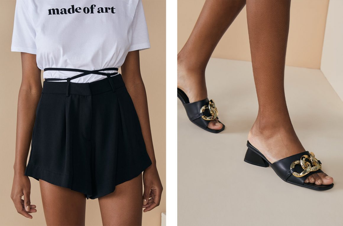 Short e  mule preto com corrente 