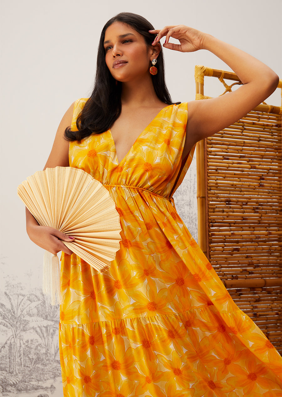 Vestido longo amarelo florido