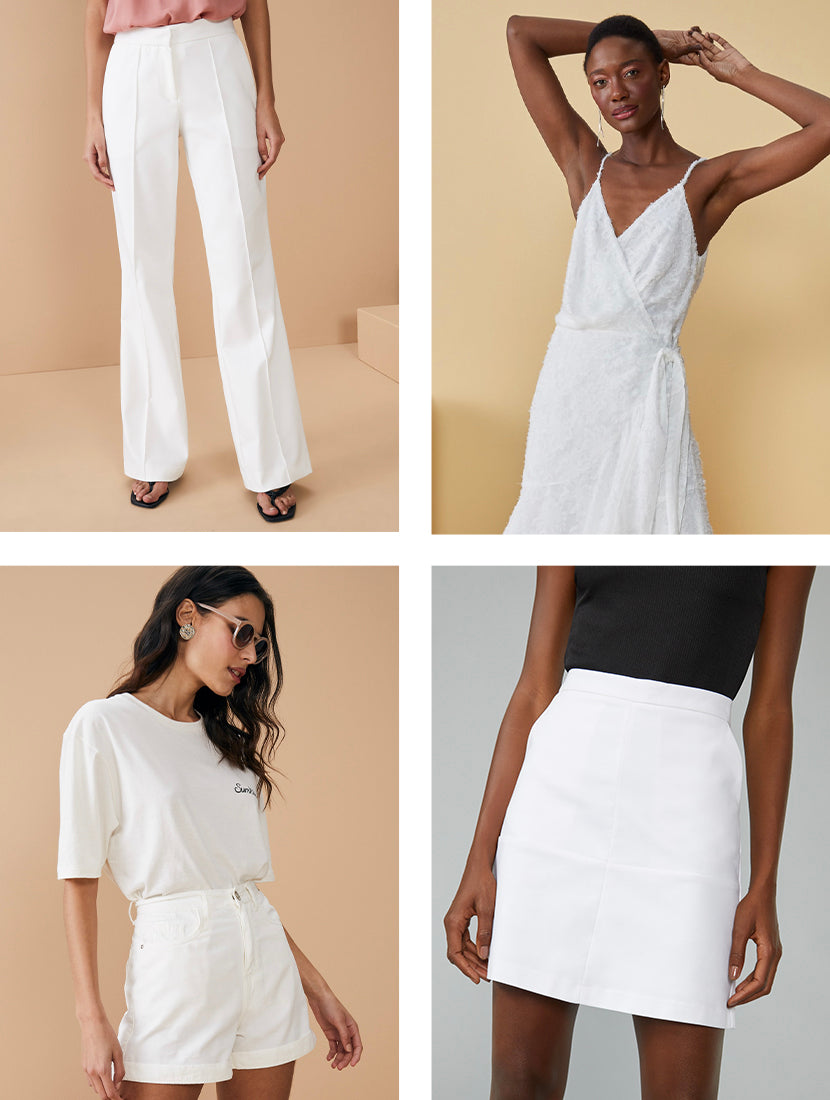 Calça branca, vestido branco, shorts branco e saia branca