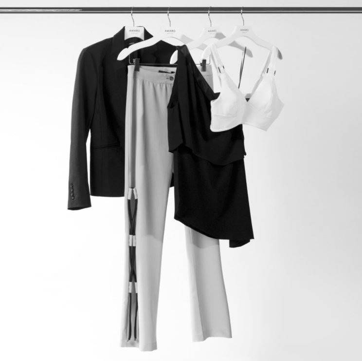 Arara com um blazer, uma calça, uma blusa e um sutiã