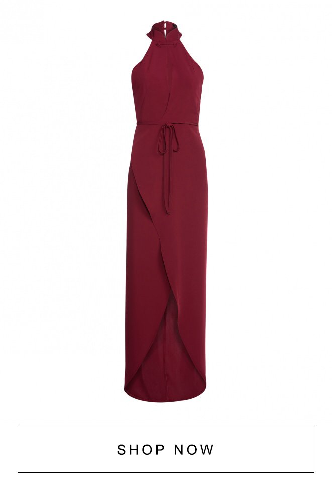 Vestido transpassado vermelho com fenda; 
