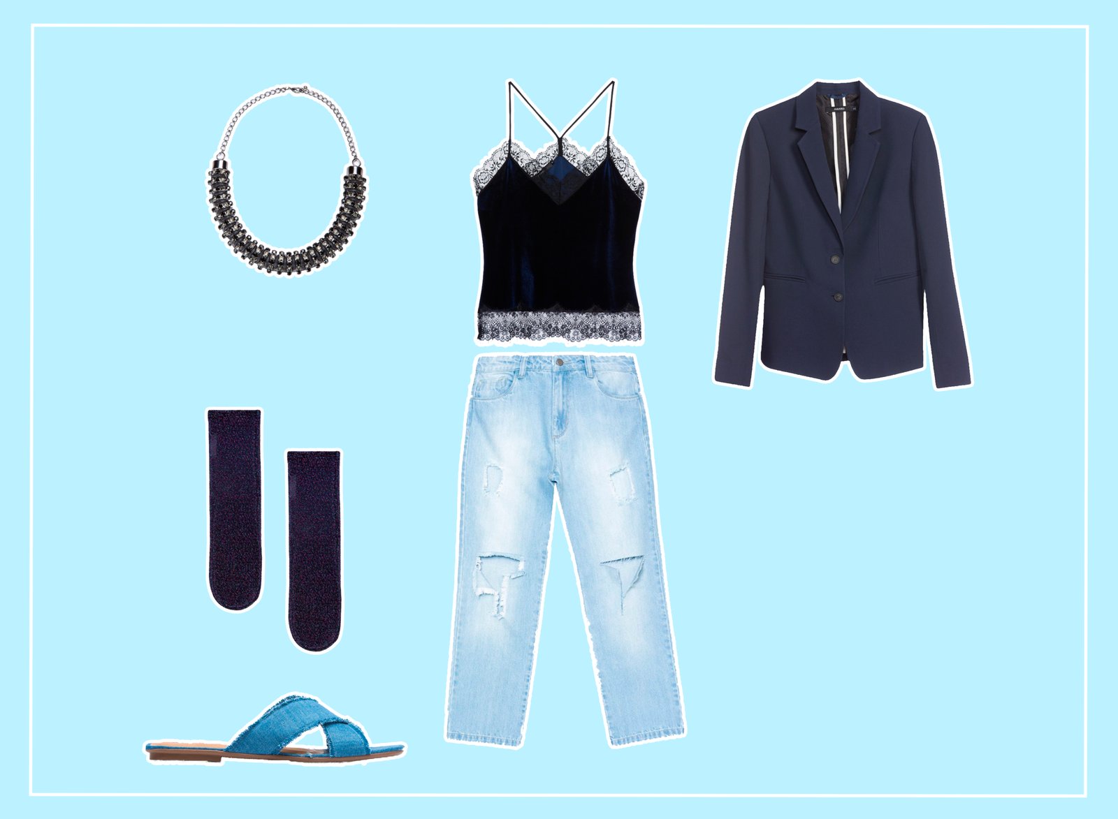 Look feminino monocromático com roupas azuis e em jeans