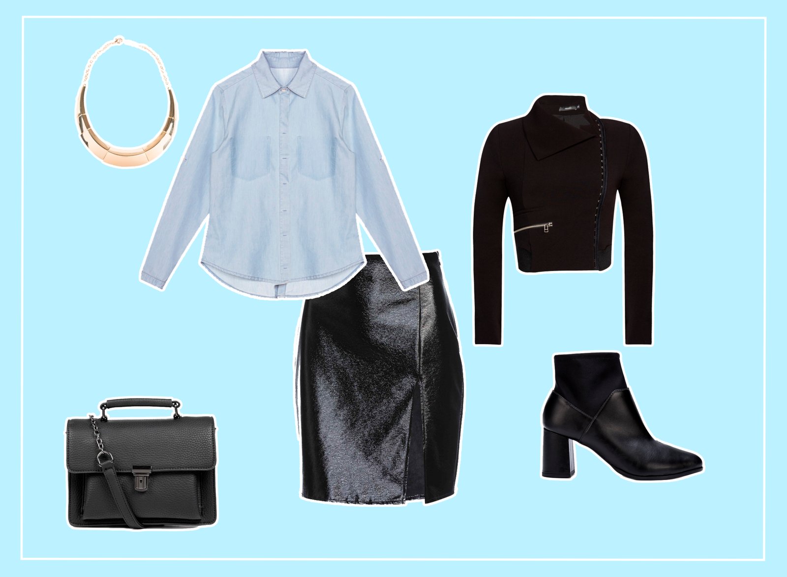 Look feminino ideal para festa ou balada com camisa jeans, saia de verniz e bota.
