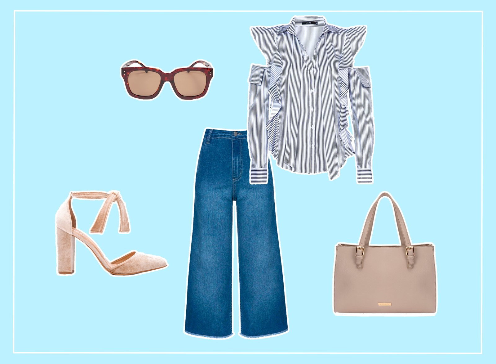 Look feminino estiloso com pantacourt jeans, salto de veludo, camisa desconstruída e óculos statement.