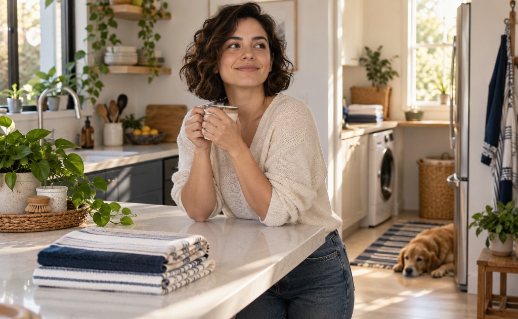 mulher feliz no ambiente da cozinha de casa