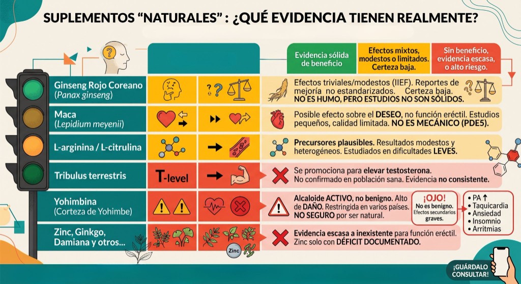 Sem&aacute;foro de evidencia cient&iacute;fica sobre ginseng, maca, tribulus, L-arginina y yohimbina para el rendimiento sexual