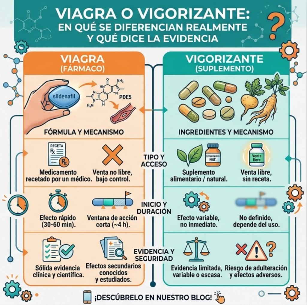 Cuadro comparativo con las 5 diferencias principales entre el Viagra y los vigorizantes naturales