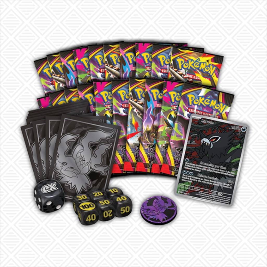 Acess&oacute;rios de Pok&eacute;mon TCG como sleeves, dados e marcadores