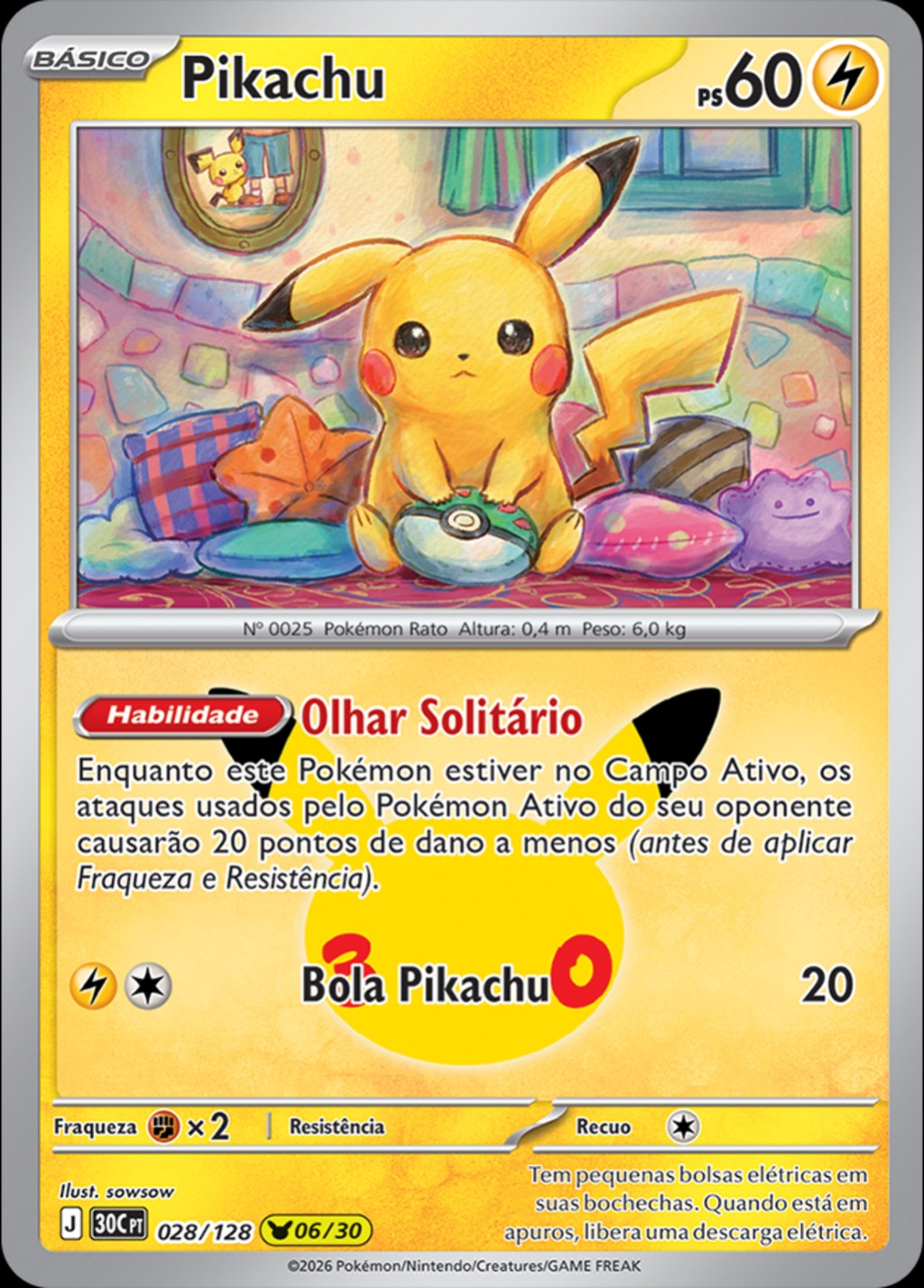 Pikachu 06 de 30, carta 028 de 128