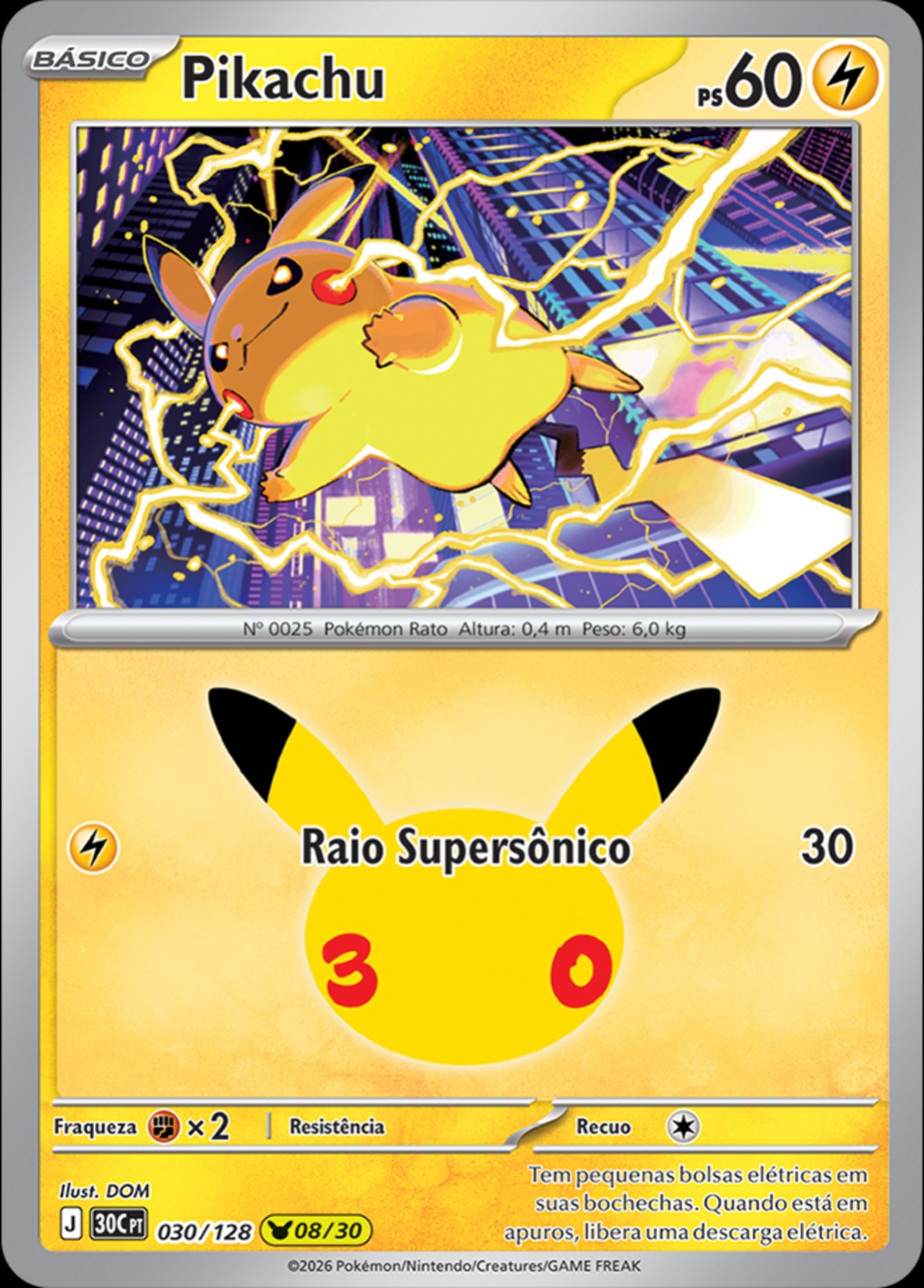 Pikachu 08 de 30, carta 030 de 128