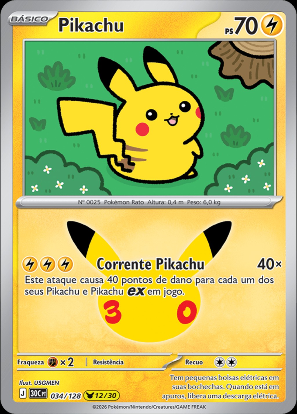 Pikachu 12 de 30, carta 034 de 128