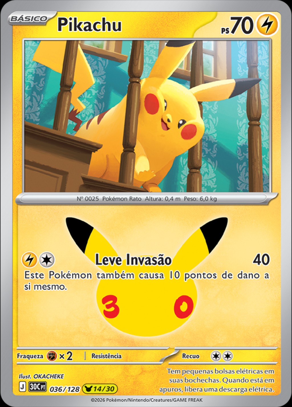 Pikachu 14 de 30, carta 036 de 128