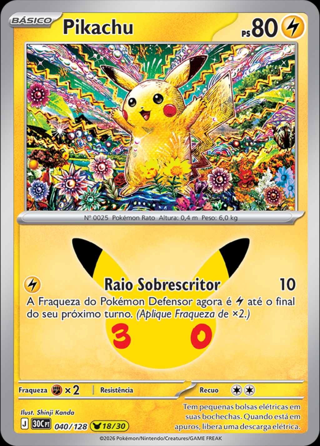 Pikachu 18 de 30, carta 040 de 128