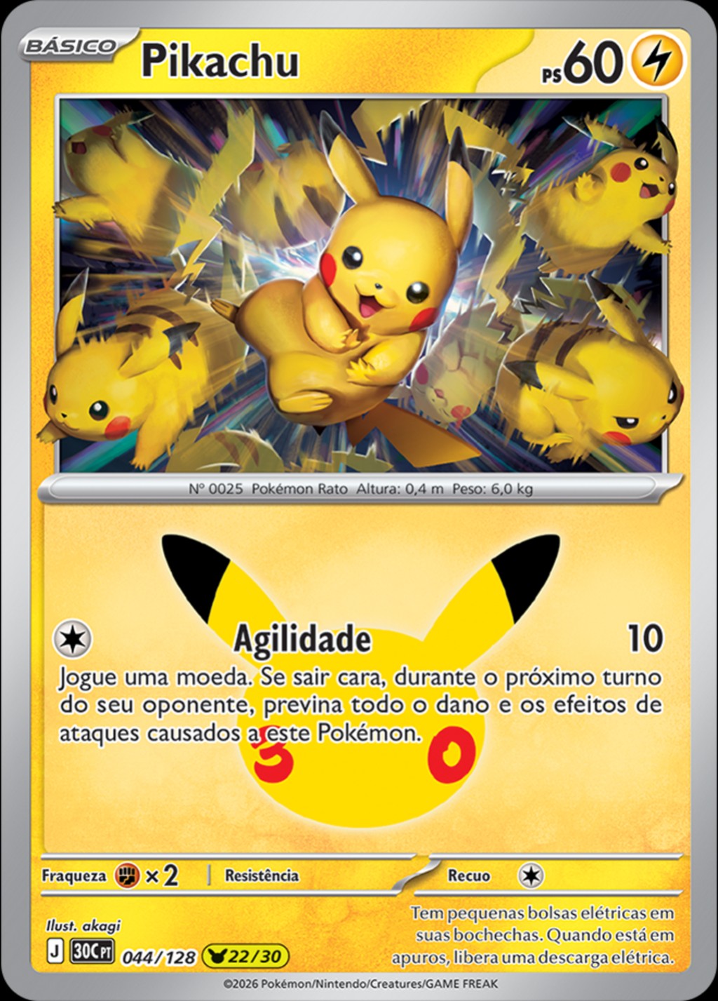 Pikachu 22 de 30, carta 044 de 128