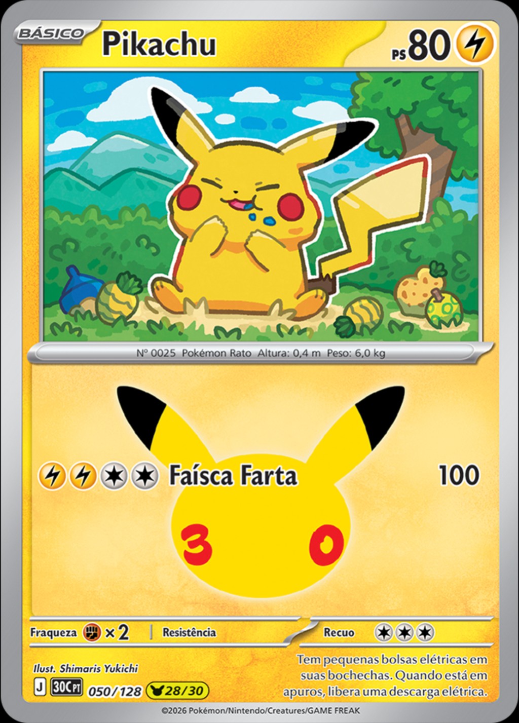 Pikachu 28 de 30, carta 050 de 128