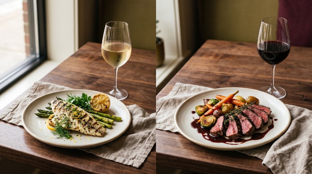 Prato de peixe grelhado com vinho branco ao lado de prato de carne vermelha com vinho tinto