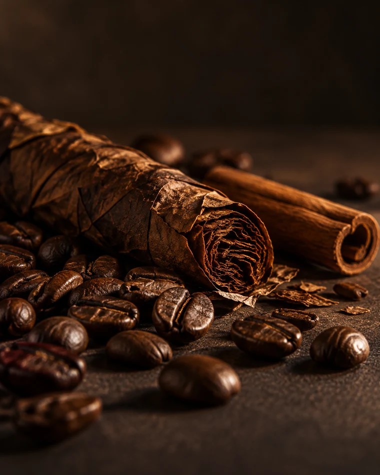 Folha de tabaco enrolada, grãos de café torrado e canela em pau sobre superfície escura