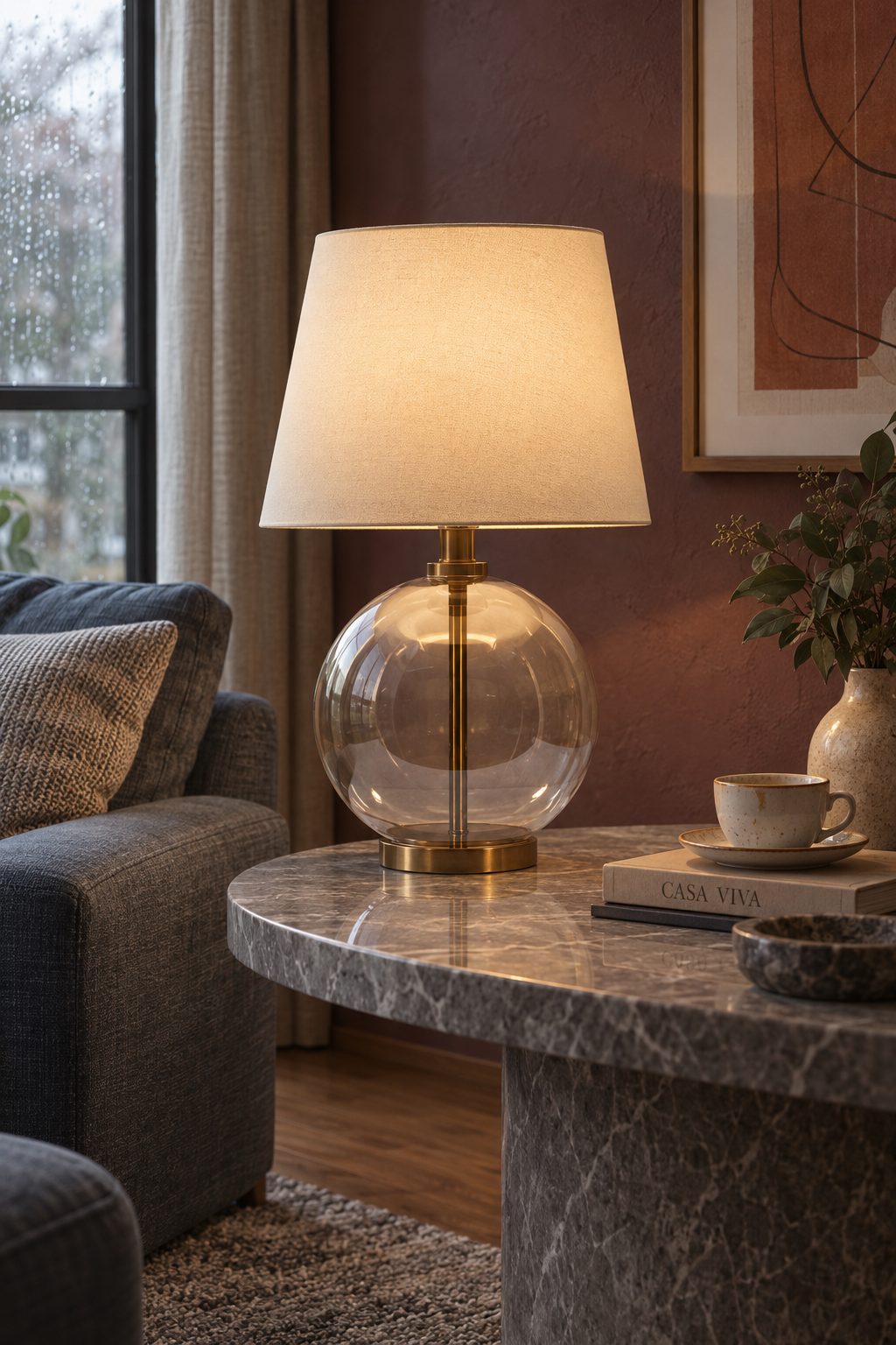 Abajur de Mesa Lumière em vidro esférico e metal, com cúpula de tecido.