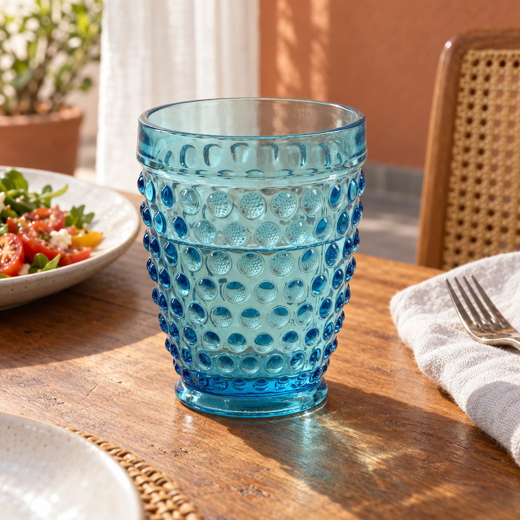 Copo Hobnail em vidro azul, num almoço de dia a dia.