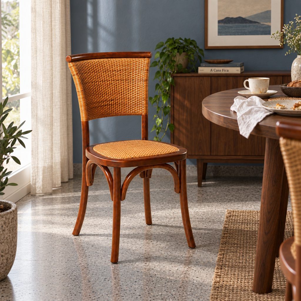 Cadeira Paris, de madeira com assento e encosto em rattan.