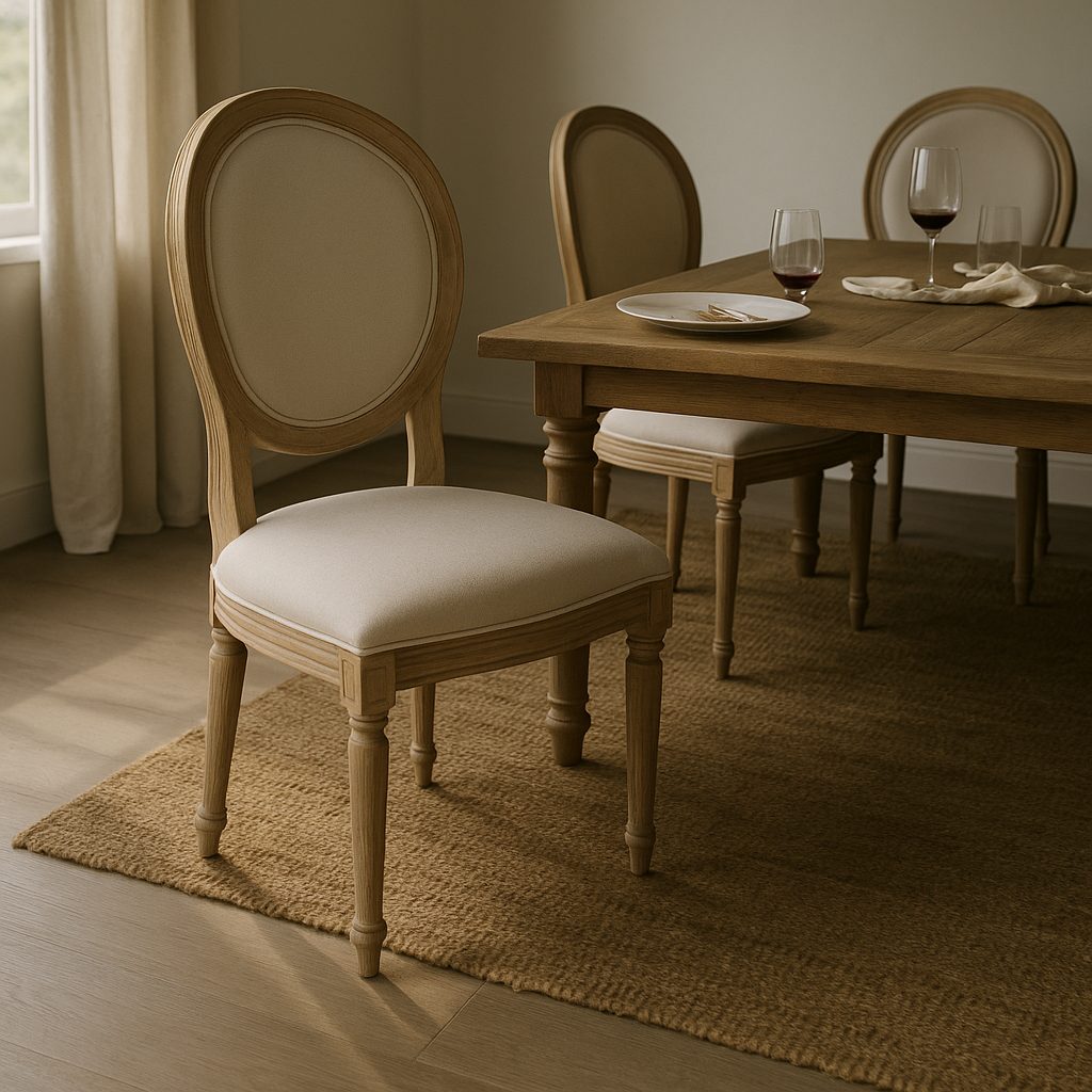Cadeiras Urbino, em madeira clara e tecido, numa sala de jantar clássica.